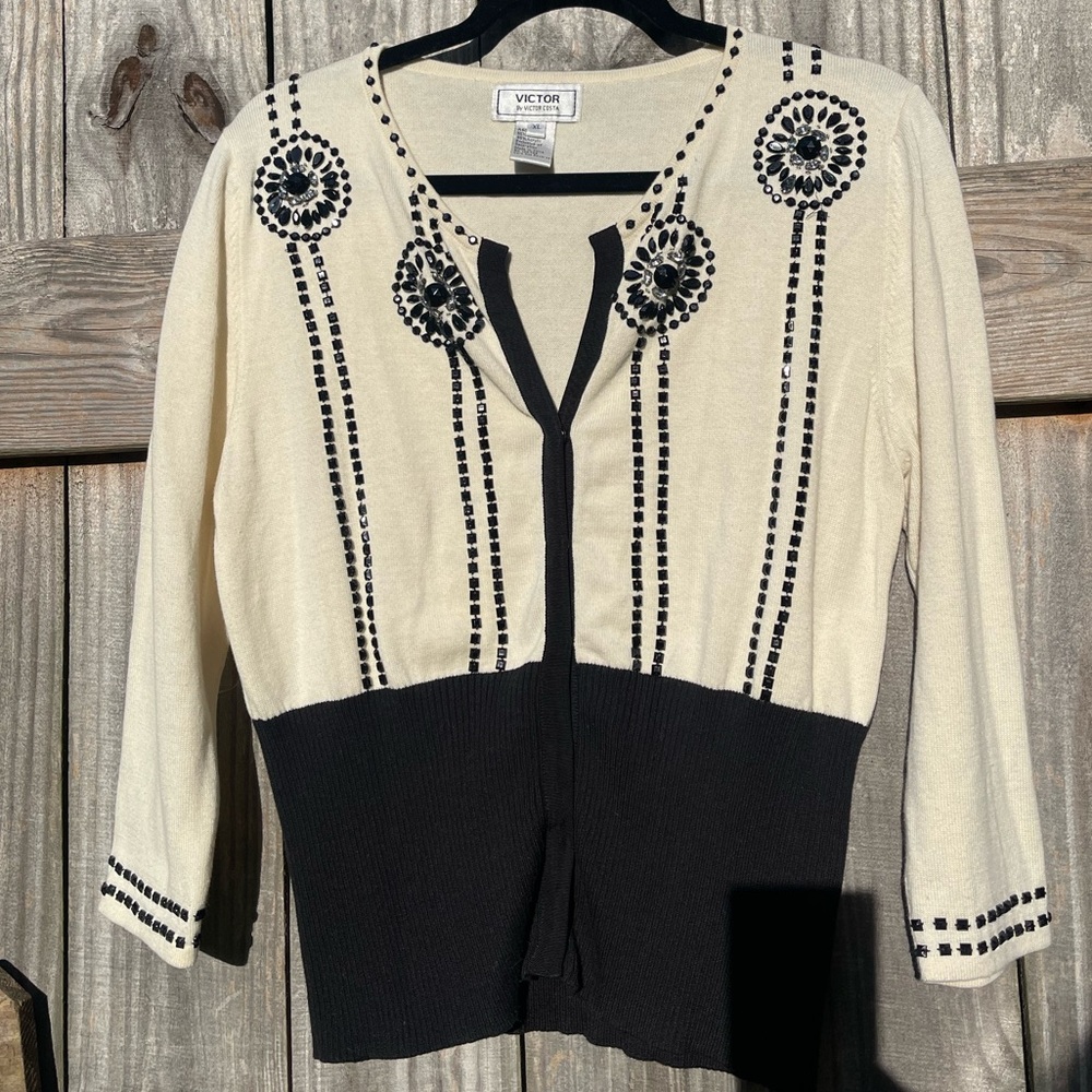 Victor Costa Black and Cream Women's Cardigan Size XL